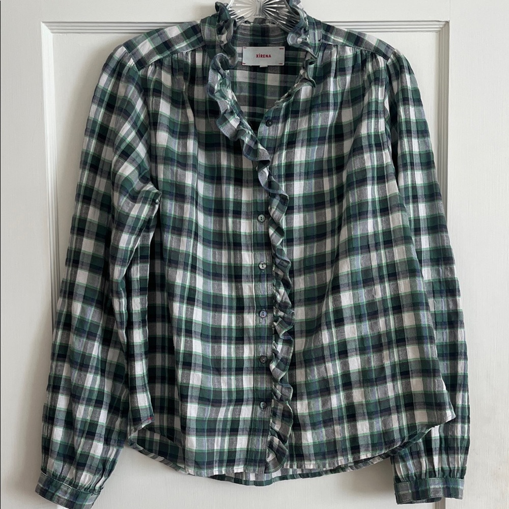 Xirena Green and White Plaid Button Down Shirt ruffle collar XS